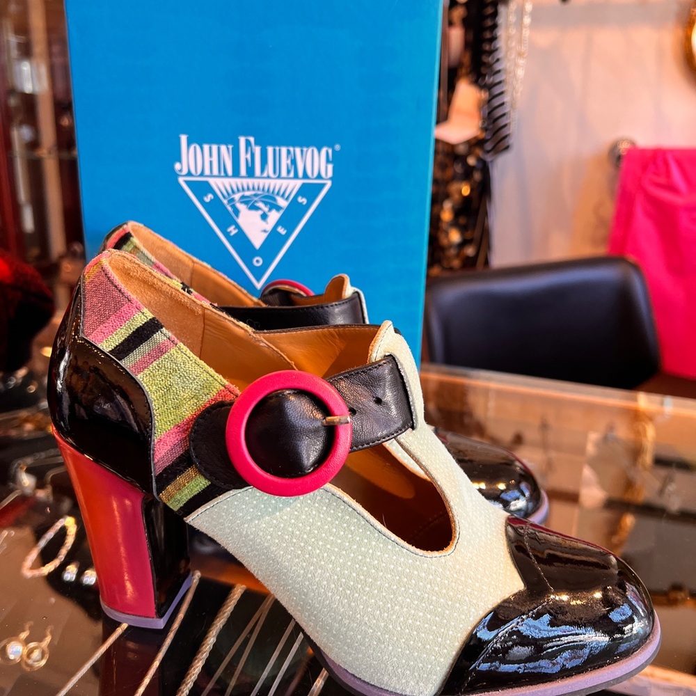 John Fluevog Black and Pink Heels with Buckle